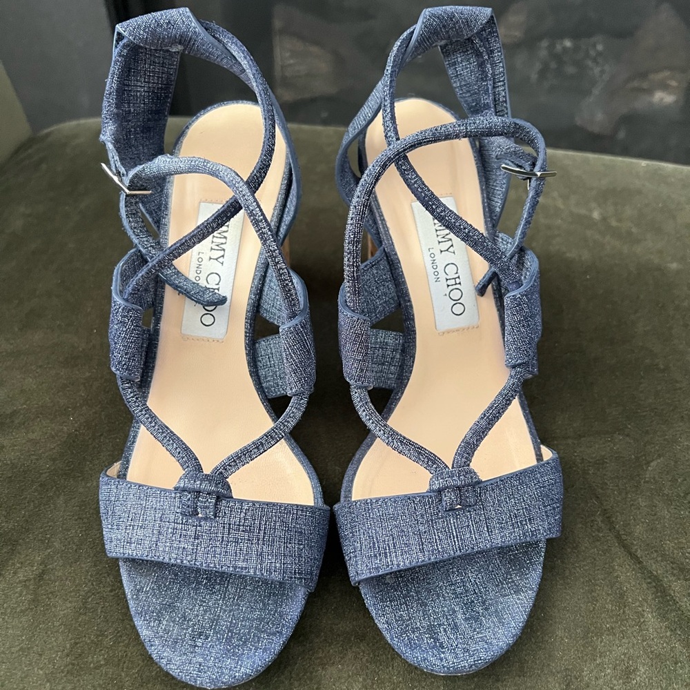 Jimmy Choo Margo Denim Leather High-Block Heeled Sandals Light Indigo Size 37